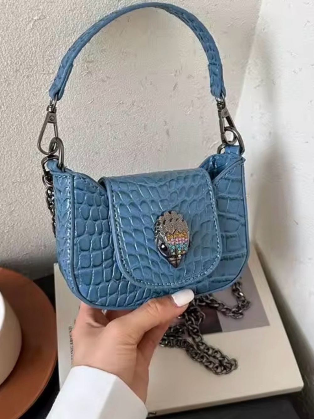 Inspired Blue Croc-Embossed Mini Shoulder Bag by Kurt Geiger 5.5inch by 4inch